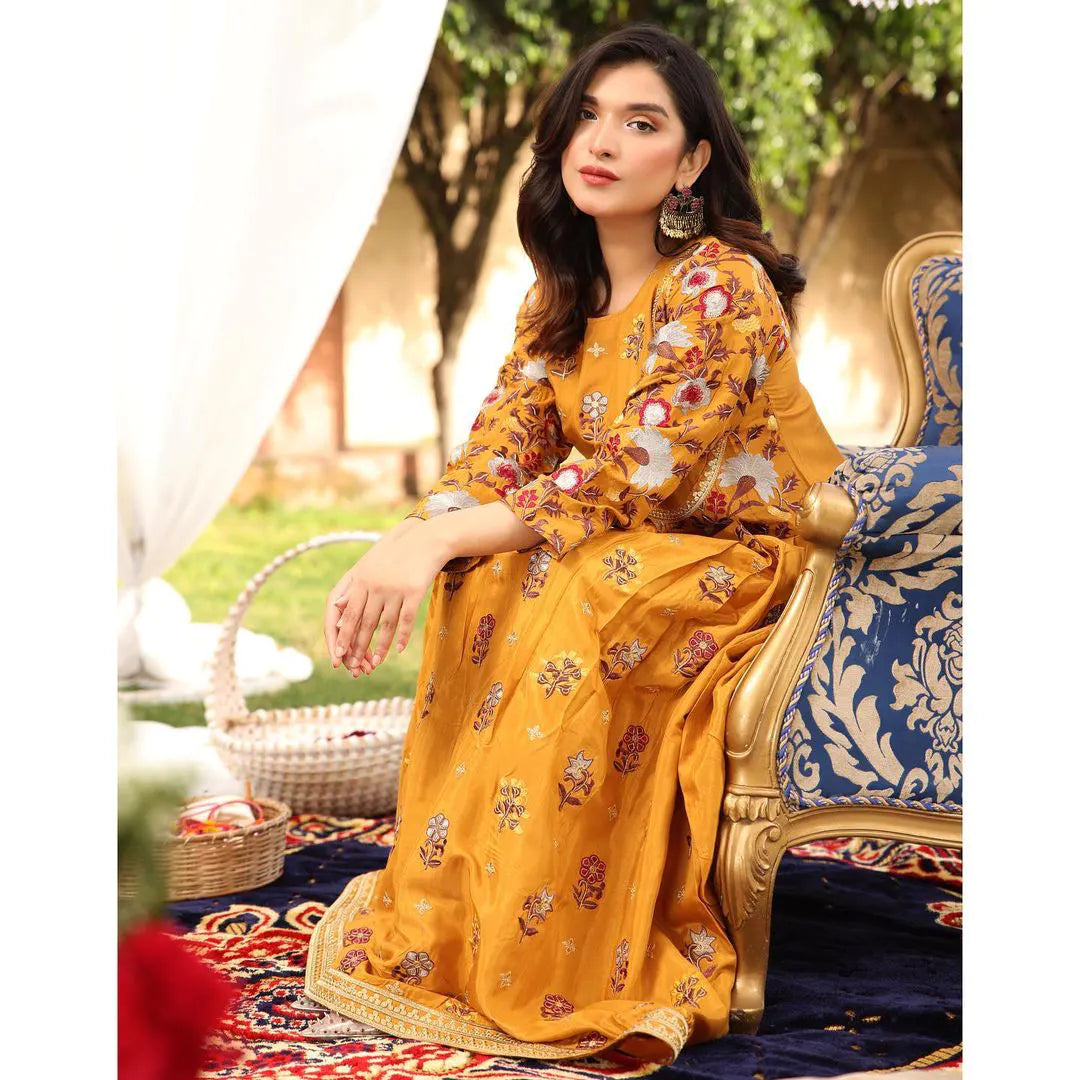 Yellow Multi Flower Embroidery Frock